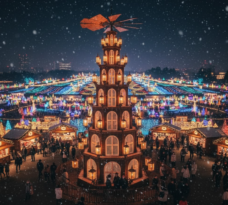 東京ドイツ村のクリスマスマーケットのシンボルである、高さ8メートルの輝くランタンピラミッド