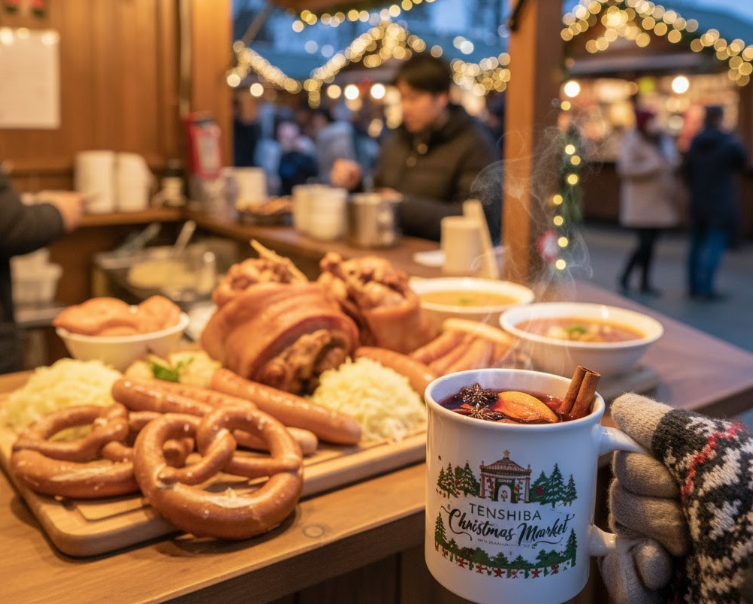 てんしばクリスマスマーケットで提供されるグリューワインとオリジナルデザインのマグカップ。背景には美味しそうなドイツ料理が並ぶ。