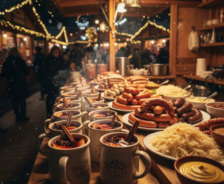湯気が立つホットワイン（グリューワイン）と、美味しそうなドイツのソーセージが並ぶクリスマスマーケットの屋台