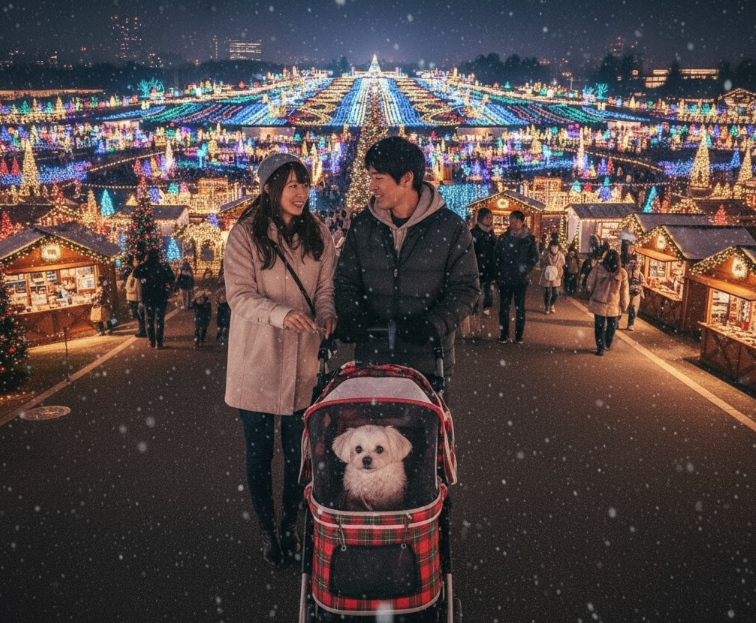 東京ドイツ村のルールに従い、ペットカートに全身を入れてイルミネーションを楽しむ小型犬