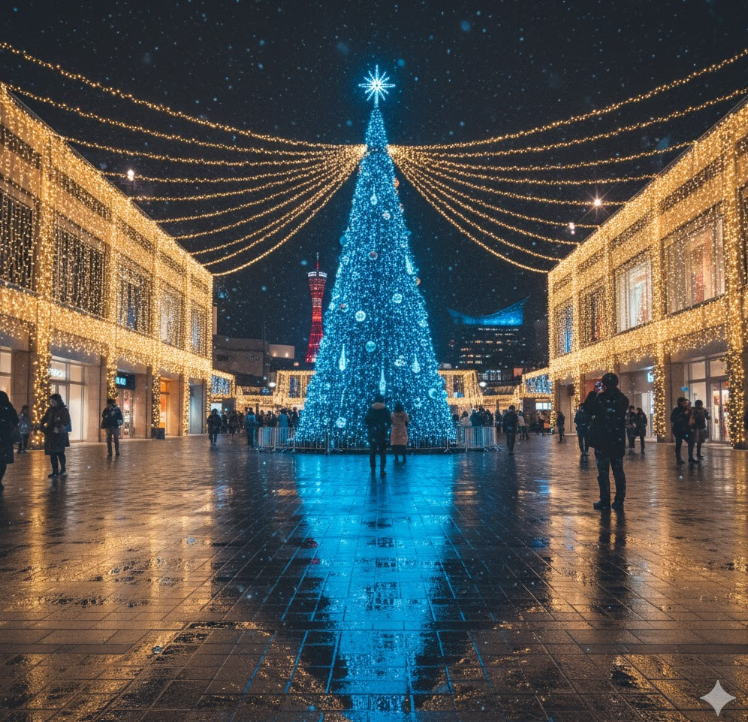 神戸ハーバーランドumieのクリスマスイルミネーションと幻想的な青いツリー