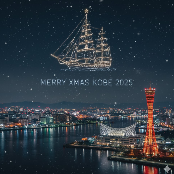 神戸メリケンパークの夜空を彩るクリスマスドローンショーと神戸港の夜景