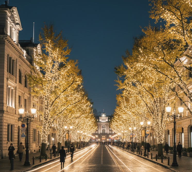 神戸旧居留地の歴史的建造物とクラシックな街路樹イルミネーション