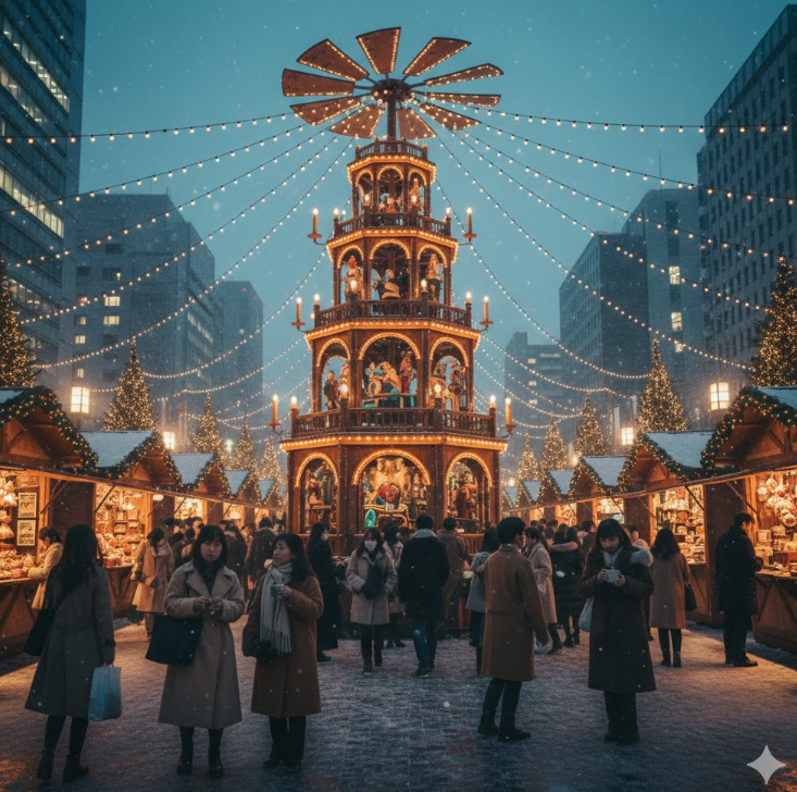 賑やかな東京のクリスマスマーケットの全景。中央には巨大なクリスマスピラミッドがあり、多くの人々が屋台を見て楽しんでいる。