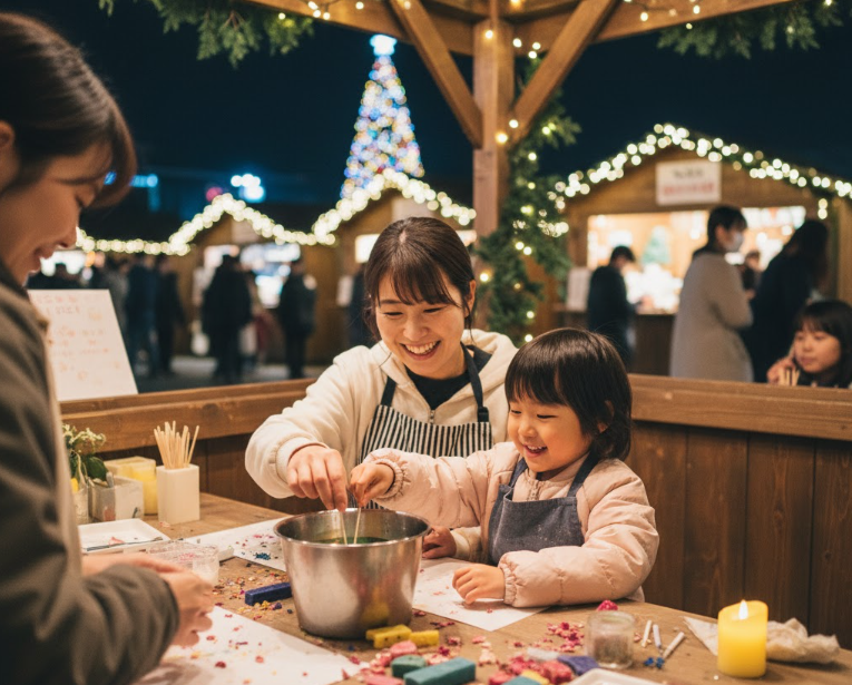てんしばクリスマスマーケットのワークショップで、キャンドル作りを楽しむ楽しそうな日本人親子。