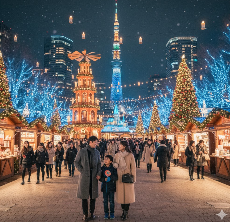 幻想的にライトアップされた東京のクリスマスマーケットで、東京タワーを背景に家族が手をつないで歩いている。