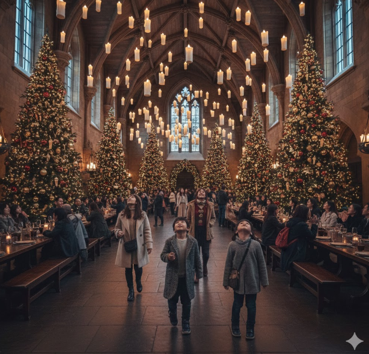 魔法の世界のような大広間で、天井から浮遊するキャンドルと飾られたクリスマスツリーを見上げる人々。家族連れもいる。
