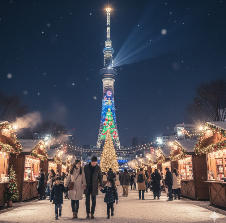 ライトアップされた東京スカイツリーとクリスマスマーケットを背景に、雪の中を歩く家族連れ。