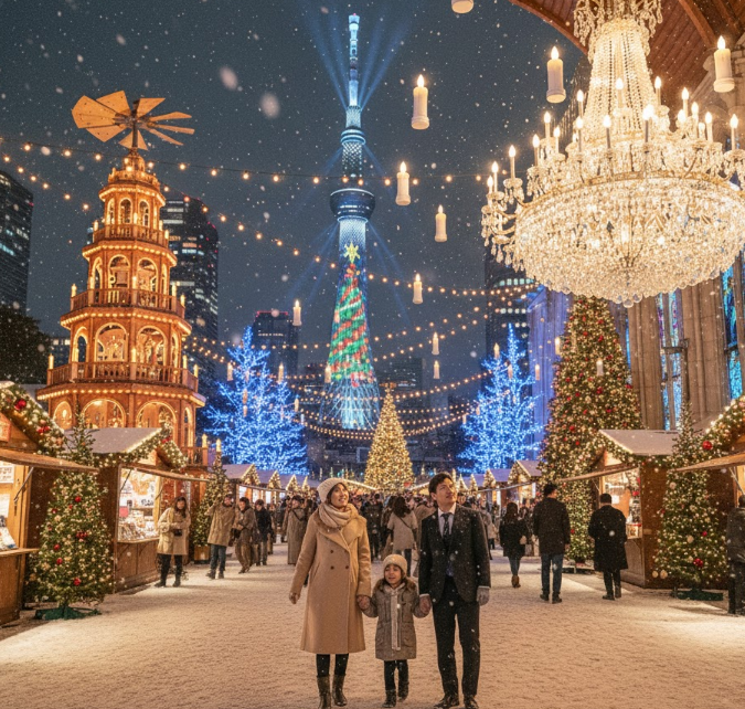 恵比寿ガーデンプレイスのクリスマスイルミネーション。世界最大級のバカラシャンデリアが輝き、人々がその光景を楽しんでいる。