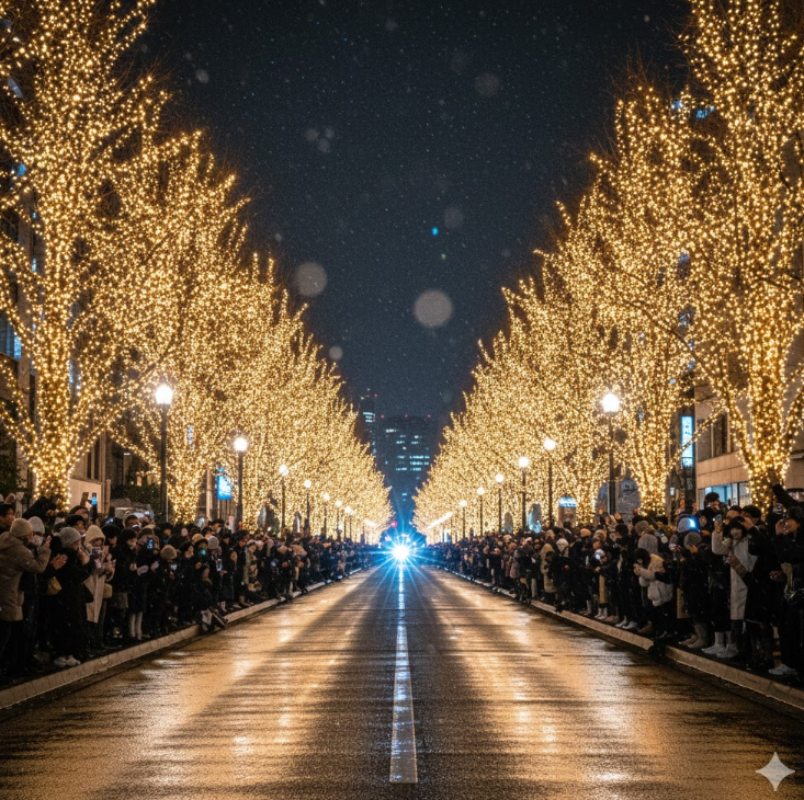 仙台光のページェントで、スターライト・ウインクを見ようと定禅寺通りの両脇に集まった多くの人々。