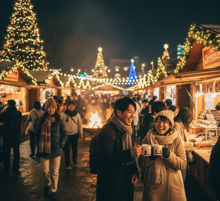 仙台クリスマスマーケットでホットドリンクを片手に笑顔で会話を楽しむ日本のカップル。背後にはクリスマスツリーと賑やかなマーケットの様子が見える。