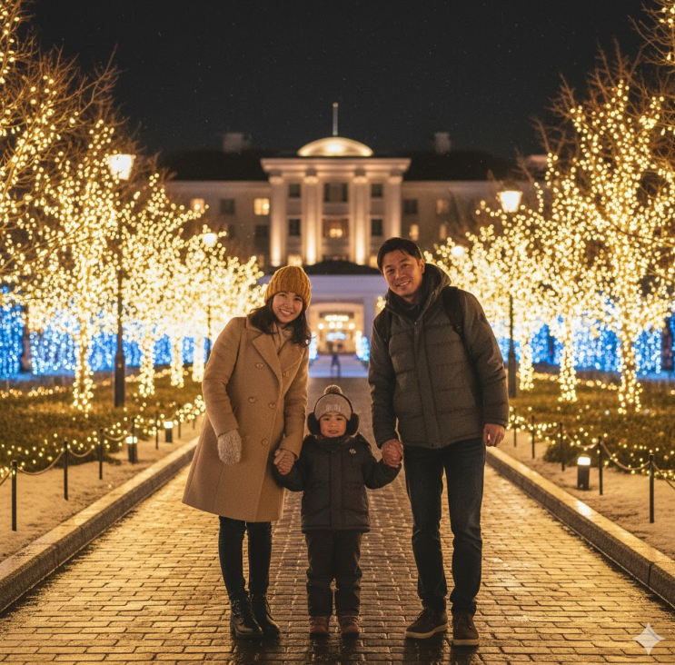 仙台ロイヤルパークホテルのガーデンイルミネーションの前で、手をつないで笑顔で立つ日本の家族（両親と小さな子供）。