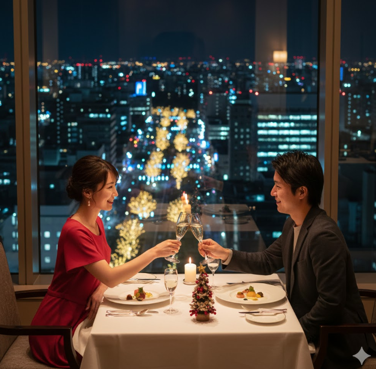 仙台の高層ホテルのレストランで、夜景を背景にクリスマスディナーを楽しみながらシャンパングラスを傾ける日本のカップル。