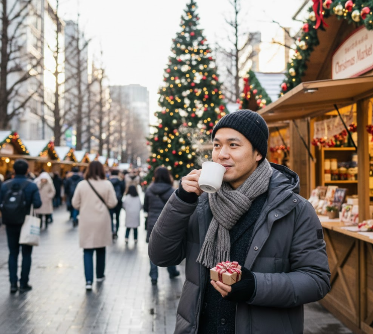 勾当台公園のクリスマスマーケットminiで、ホットドリンクを飲みながら自分へのご褒美のプレゼントを持つ日本人男性。