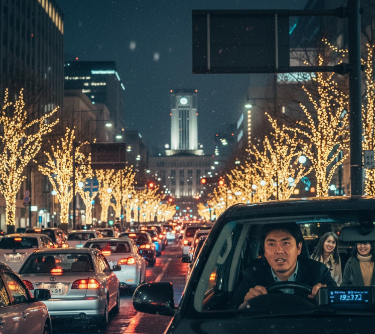 イルミネーションが輝く仙台市内の道路で渋滞に巻き込まれ困惑した表情の日本人ドライバー。