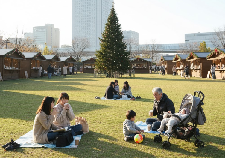 平日の昼間、混雑が少なく落ち着いた雰囲気のてんしばクリスマスマーケット。芝生でくつろぐ家族連れ。