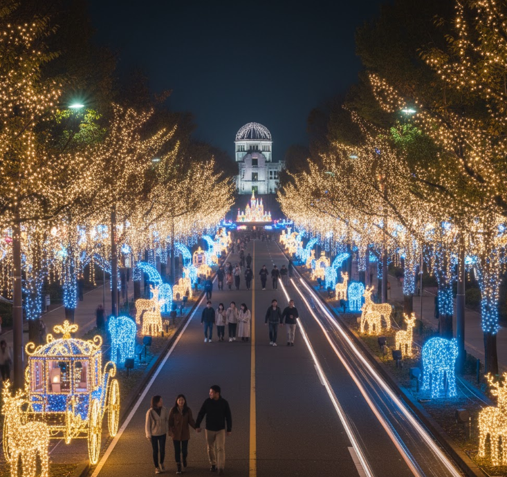 平和大通りを彩る「ひろしまドリミネーション」。光り輝くオブジェや樹木のイルミネーションが幻想的な夜の通りを演出している。