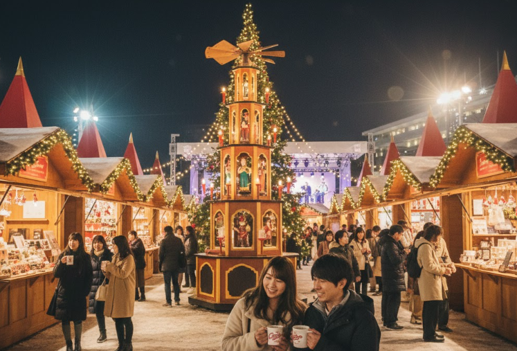 ひろしまゲートパークで開催されるクリスマスマーケット。ホットドリンクを楽しむ人々や、クリスマス雑貨が並ぶ屋台の様子。