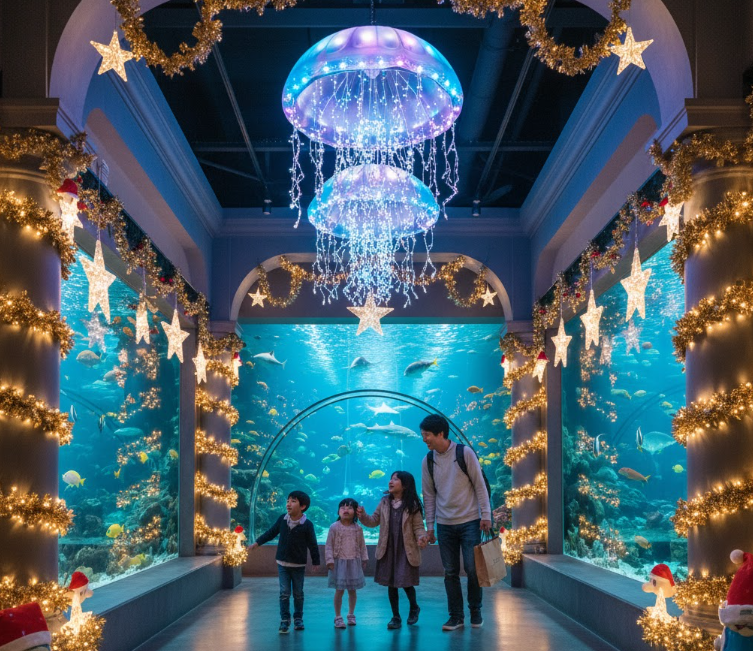 シン・マリホ水族館でクリスマス装飾を楽しむ家族連れ。魚たちが泳ぐ水槽と、天井から吊るされたクラゲ型イルミネーションが美しい。
