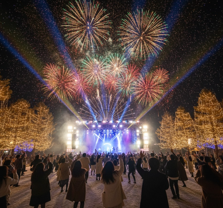 みろくの里のクリスマスイルミネーションイベントで、音楽ライブと花火を楽しむ観客たち。光と音の演出が一体となった盛り上がる会場。
