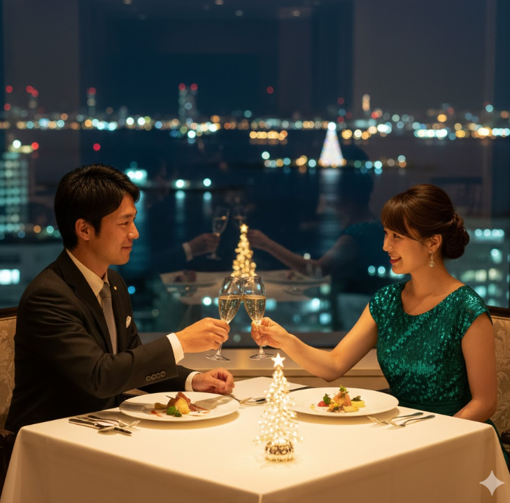 窓から広島の夜景が一望できるホテルのレストランで、シャンパンで乾杯するカップル。ロマンチックなクリスマスディナーの様子。