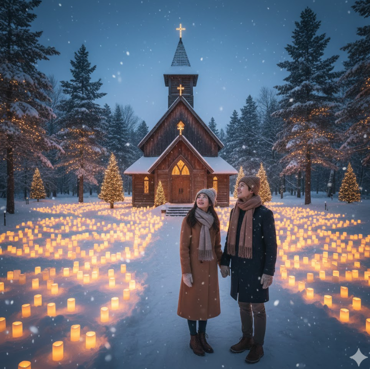 雪が積もる軽井沢高原教会で、無数のランタンキャンドルに囲まれ、幻想的な夜景を楽しむカップル。教会の前で手をつなぎ、ロマンチックな雰囲気に浸っている。