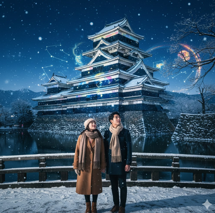 雪化粧した松本城と堀を背景に、冬のイルミネーションを楽しむカップル。城の壁には星座や宇宙をテーマにしたプロジェクションマッピングが投影され、夜空を彩っている。