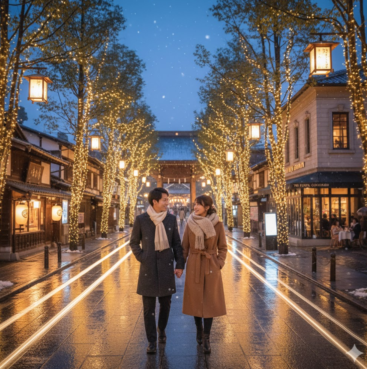 雪がちらつく夜、イルミネーションで彩られた善光寺の表参道を散策するカップル。両側の木々が暖かな光で飾られ、奥には山門が見える。