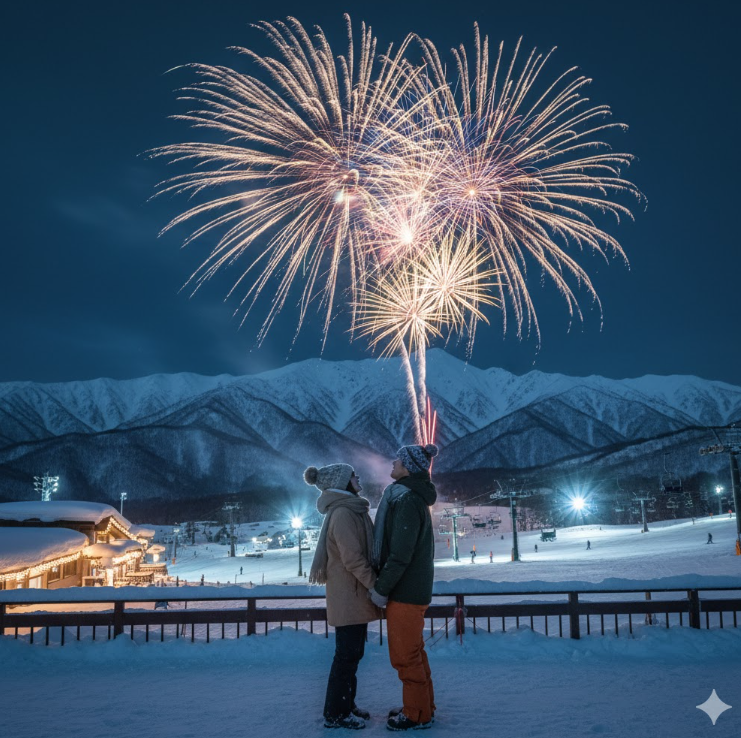 雪に覆われた白馬のスキー場で、夜空に打ち上がる花火を見上げるカップル。雪山とゲレンデのライトが背景に広がり、幻想的な冬の夜を演出している。