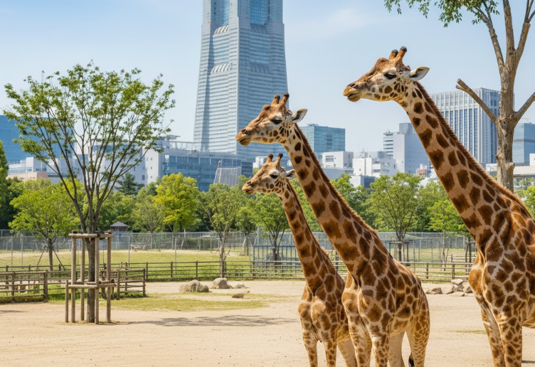 てんしば周辺の観光スポット、天王寺動物園の風景。キリンの向こうにあべのハルカスが見える。