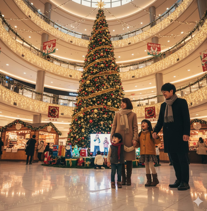 クリスマスツリーが飾られた広々としたイオンモール須坂で、笑顔で手をつないで歩く家族。周囲にはクリスマスマーケットの屋台やイルミネーションが見える。
