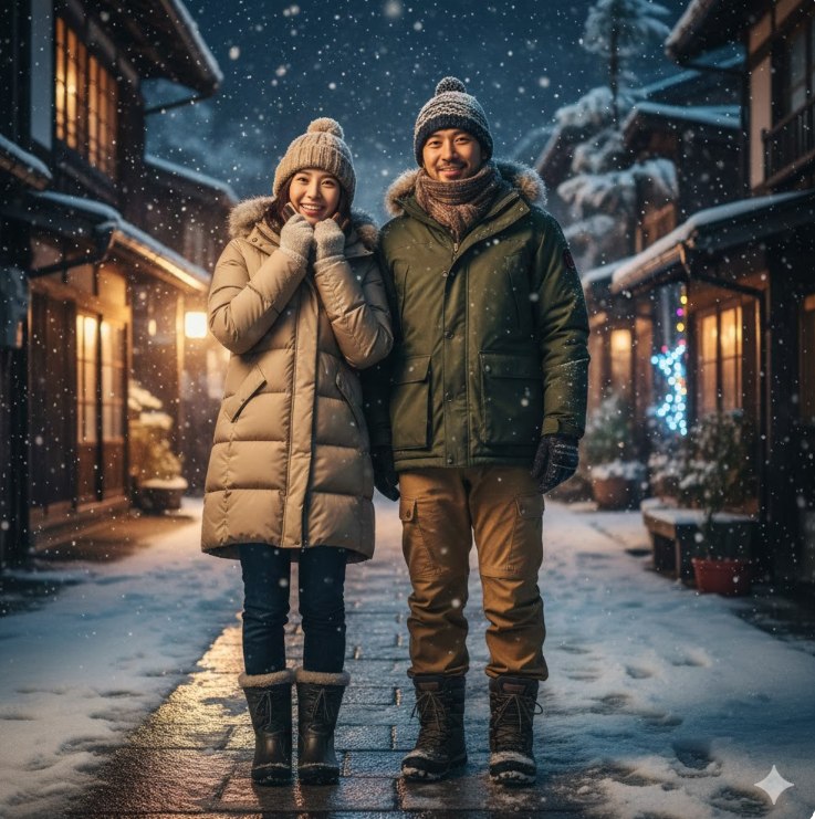 雪が降る長野の街並みで、厚手のダウンジャケット、ニット帽、マフラー、手袋、防水ブーツを着用した男女。暖かく、かつおしゃれな冬の防寒対策をしている。