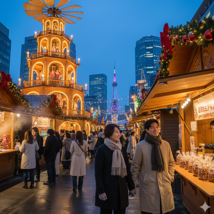 賑やかな名古屋クリスマスマーケットで、ホットワインや焼き菓子を楽しむ人々。中央には高くそびえるクリスマスツリーがあり、ライトアップされた屋台が並ぶ。
