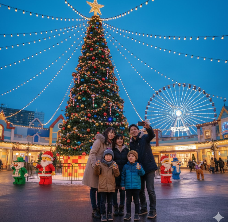 レゴランド・ジャパンのBricXmasイベントで、巨大なレゴクリスマスツリーの前で家族全員で笑顔でセルフィーを撮る日本人家族。背景には観覧車とイルミネーションが見える。
