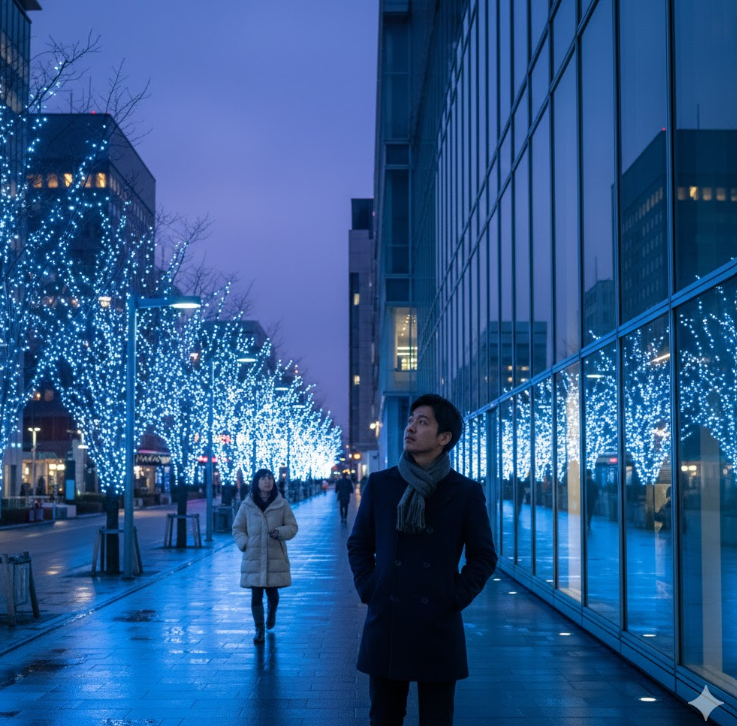 名古屋ルーセントタワー周辺のウィンターイルミネーション。青く輝く街路樹の下を、一人の男性が静かに散歩している。都会の洗練された雰囲気が感じられる。
