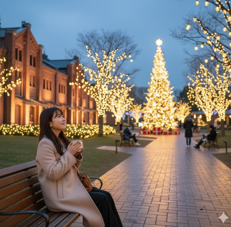 ノリタケの森で、温かい飲み物を片手にベンチに座り、ライトアップされたクリスマスツリーと赤レンガ倉庫を眺める一人の日本人女性。静かで落ち着いたクリスマスのひとときを過ごしている。