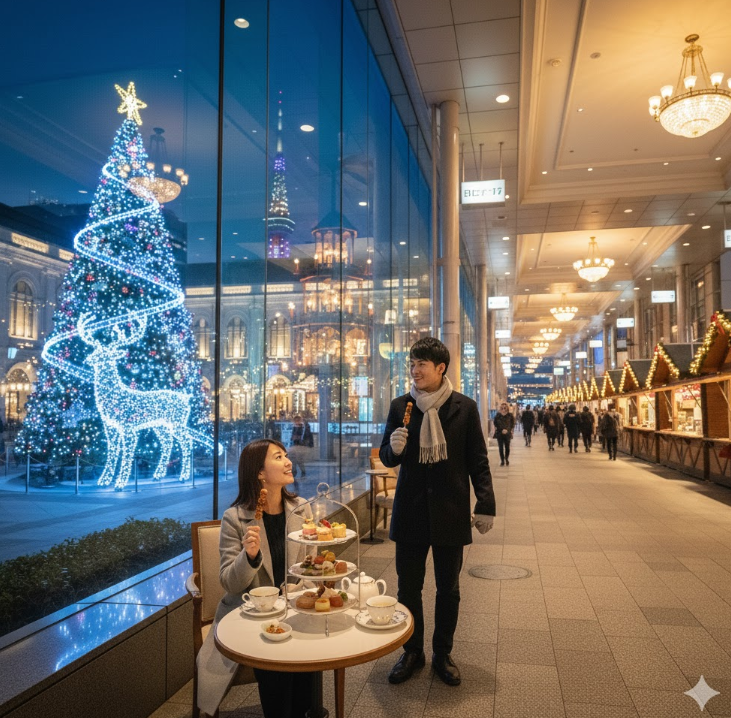 大名古屋ビルヂングの窓から見える煌めくクリスマスツリーの前で、笑顔で食事を楽しむ若いカップル。都会の夜景とイルミネーションがロマンチックな雰囲気を醸し出している。