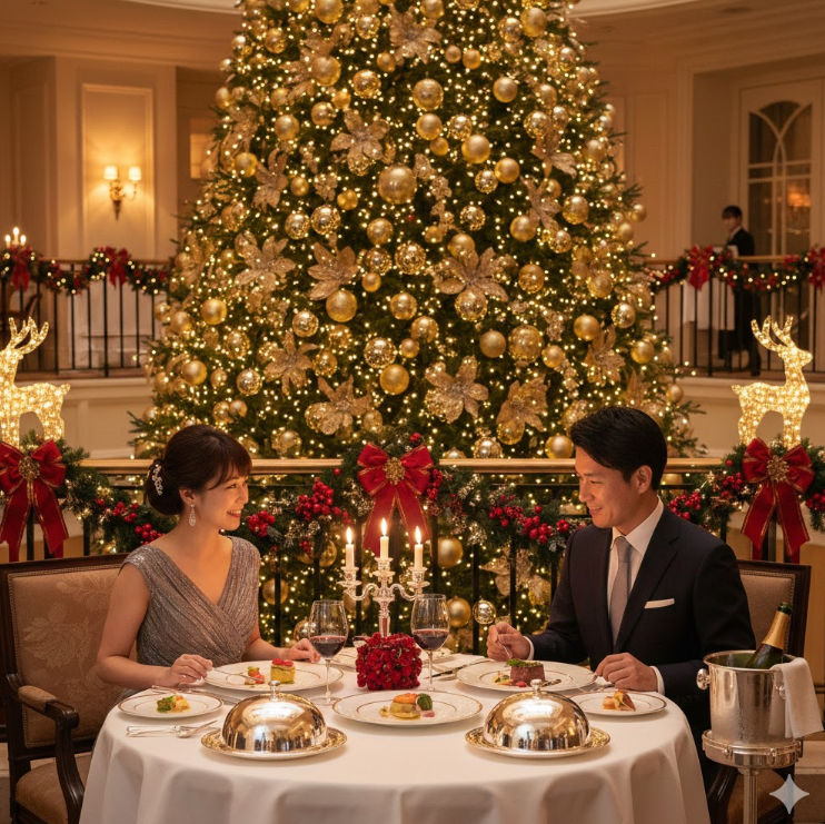 ホテルのレストランで、煌びやかなクリスマスツリーを背景に、フレンチのコース料理を楽しむ日本人カップル。特別な夜を演出する豪華なディナーの様子。