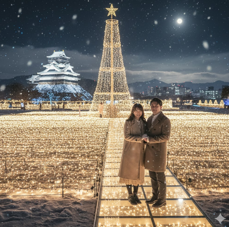 国営木曽三川公園センターの「冬の光物語」で、広大なグラウンドイルミネーションの中を歩くカップル。視界いっぱいに広がる光の絨毯がロマンチックな雰囲気を醸し出している。