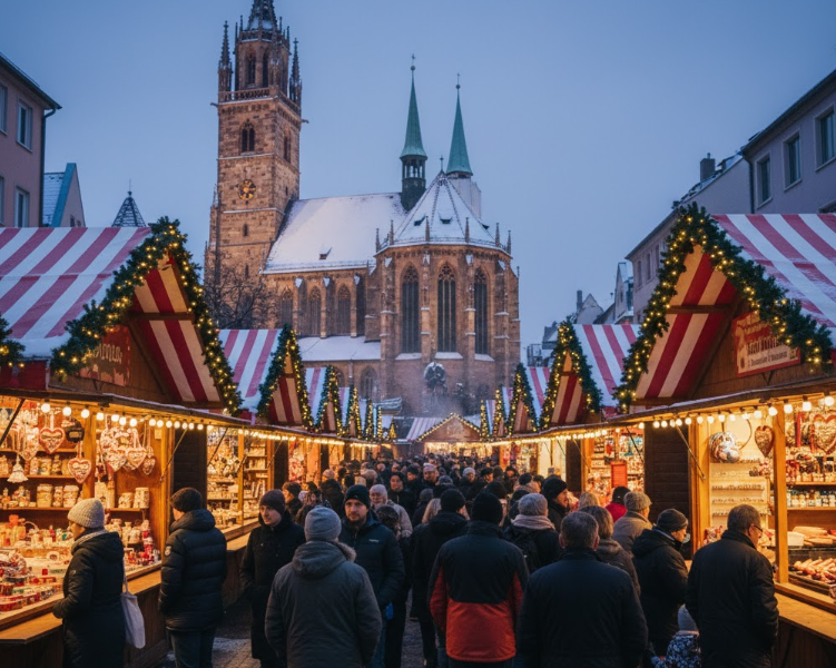 ニュルンベルクのクリスマスマーケットの特徴である、赤と白のストライプ柄の屋根が並ぶ屋台の様子。