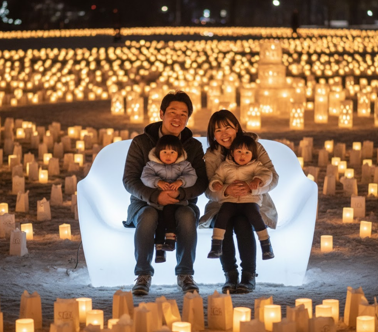 オアシスパークのキャンドルナイトで、座って記念撮影をする家族。温かいキャンドルの光が、家族の団らんを優しく包み込んでいる。