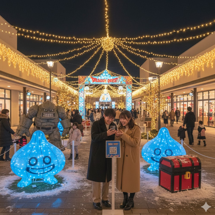 土岐プレミアム・アウトレットのドラクエコラボレーションで、スライムの装飾の前で楽しそうにスマートフォンを操作するカップル。イルミネーションとゲームの世界観が融合した賑やかな空間。