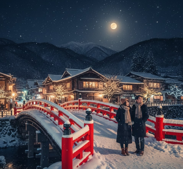 雪化粧をした高山市の宮川中橋がライトアップされ、幻想的な日本の冬景色を作り出している。観光客が赤い橋と雪景色を眺めている。