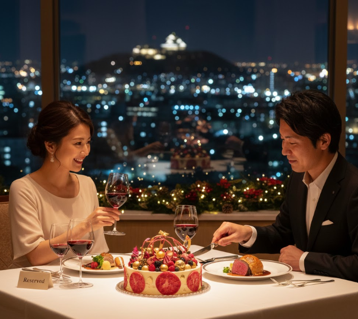 クリスマスディナーを楽しむカップルと、テーブルに置かれた美しいクリスマスケーキ。高級感のあるホテルレストランで、特別な夜を過ごしている。