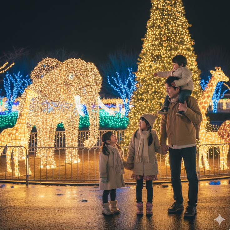 イルミネーションで彩られた動物園で、動物の形をした光のオブジェとクリスマスツリーを見る家族。父親は子供を肩車している。