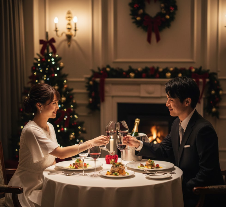クリスマスの装飾が施された個室レストランで、ワイングラスを傾けて乾杯するカップル。