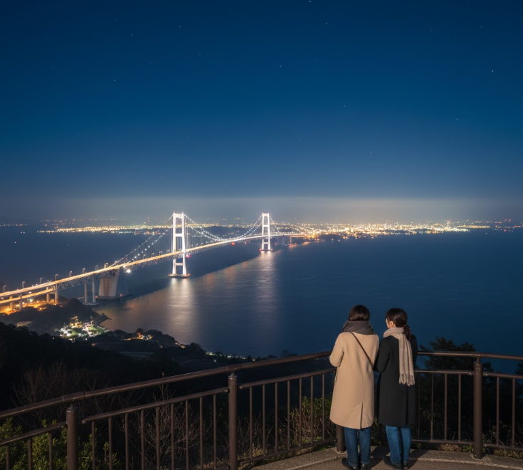 来島海峡大橋のライトアップされた夜景を亀老山展望公園から見下ろす女性二人組。星空と橋の光が美しい。