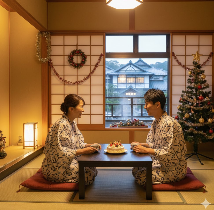 道後温泉のホテルの一室で、浴衣を着てクリスマスケーキを囲むカップル。窓からは温泉街が見える。