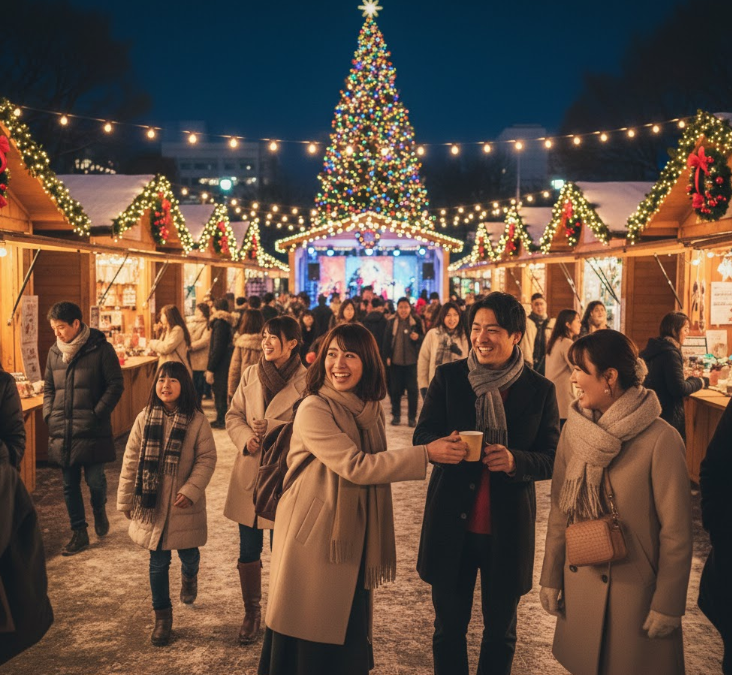 賑やかなクリスマスマーケットで屋台や大きなクリスマスツリーを楽しむ家族連れや友人グループ。
