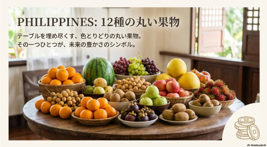 丸い果実を食べるフィリピン